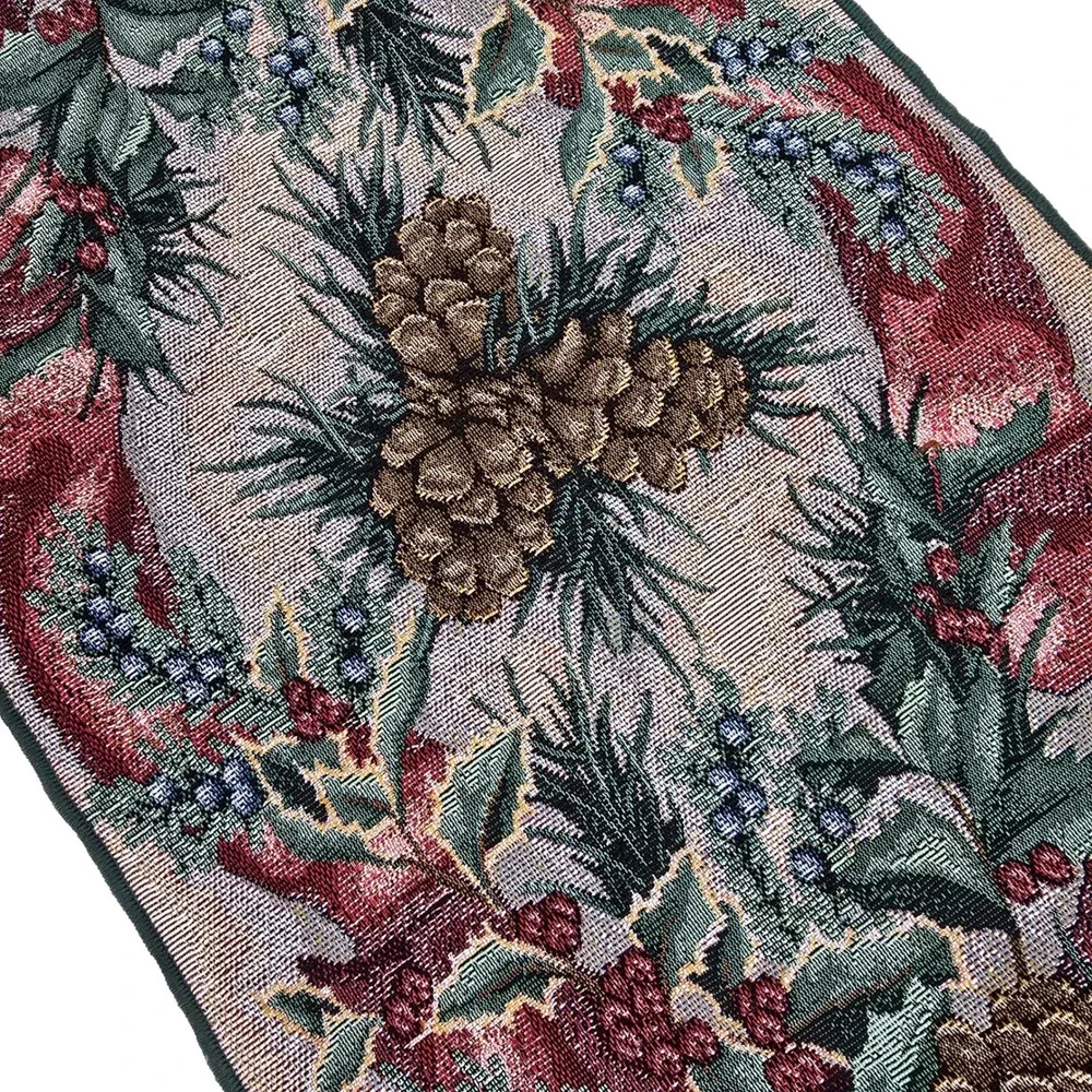 Christmas Woven Tapestry Table Runner Poinsettia Pinecone Tassel Green Red 70in